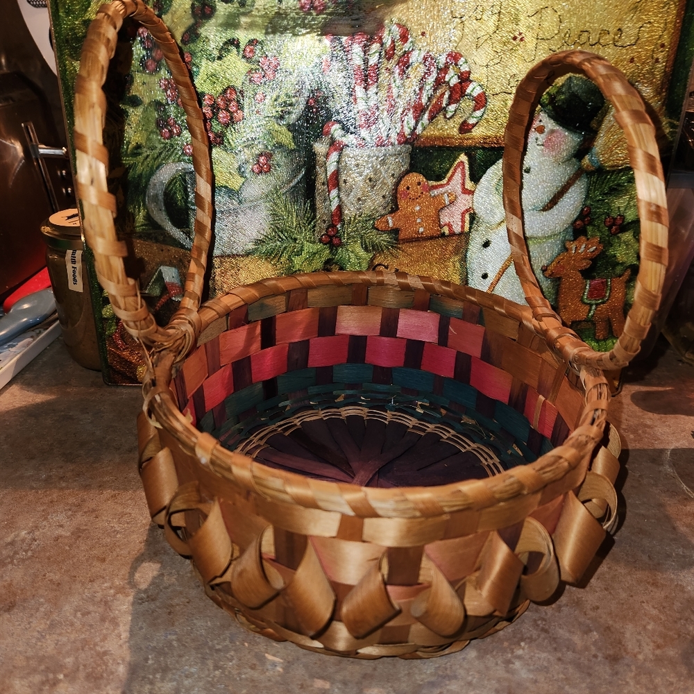 Vintage Mi'kmaq Micmac Curly Ash Basket Double Swing Handles Handmade